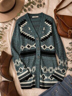 Green 3 USA Southwestern Aztec Knit Cardigan Sweater XL Made in USA